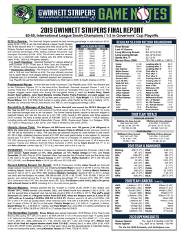 2019 GWINNETT STRIPERS FINAL REPORT 80-59, International League South Champions / 1-3 in Governors’ Cup Playoffs