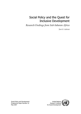 Social Policy and the Quest for Inclusive Development: Research Findings from Sub-Saharan Africa ’Jìmí O