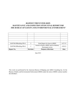 Blowout Preventer (Bop) Maintenance and Inspection Study Final Report for the Bureau of Safety and Environmental Enforcement