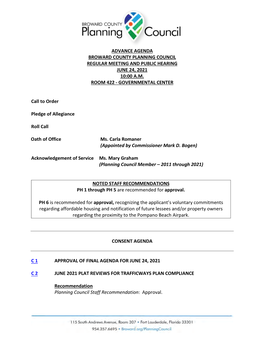 Advance Agenda Broward County Planning Council Regular Meeting and Public Hearing June 24, 2021 10:00 A.M