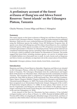 A Preliminary Account of the Forest Avifauna of Ihang’Ana and Idewa Forest Reserves: ‘Forest Islands’ on the Udzungwa Plateau, Tanzania