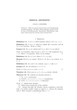 ORDINAL ARITHMETIC 1. Ordinals Definition 1.1. A