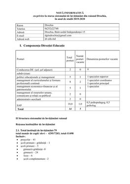 NOTĂ INFORMATIVĂ Cu Privire La Starea Sistemului De Învățământ Din Raionul Drochia, În Anul De Studii 2019-2020