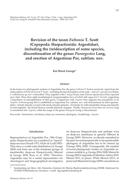 Revision of the Taxon Fultonia T. Scott (Copepoda: Harpacticoida: Argestidae), Including the (Re)Description of Some Species, Di