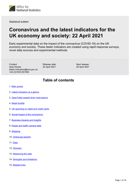 Coronavirus and the Latest Indicators for the UK Economy and Society: 22 April 2021
