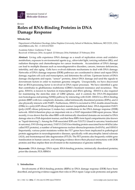 Roles of RNA-Binding Proteins in DNA Damage Response