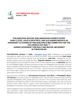 For Immediate Release Philadelphia Soccer 2026 Announces Sports Stars Carli Lloyd, Julie & Zach Ertz, and Alejandro Bedoya