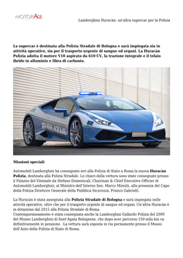 Lamborghini Huracàn: Un’Altra Supercar Per La Polizia