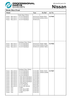 Nissan Brake Discs Front Model Year Oe Ref Art No Solid
