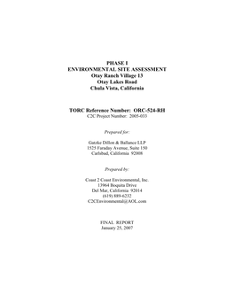 PHASE I ENVIRONMENTAL SITE ASSESSMENT Otay Ranch Village 13 Otay Lakes Road Chula Vista, California