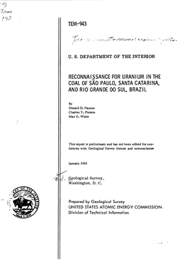 Reconnaissance for Uranium in the Coal of Sao Paulo, Santa Catarina, and Rio Grande Do Sul, Brazil