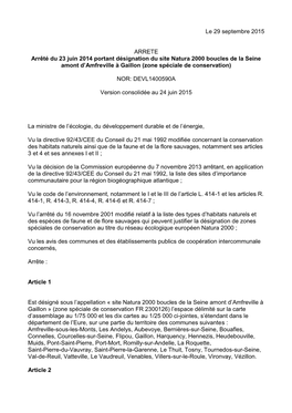 Le 29 Septembre 2015 ARRETE Arrêté Du 23 Juin 2014 Portant