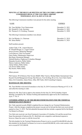 Minutes at the Regular Meeting of the Columbus Airport Commission Held at the Columbus Airport Wednesday, July 24, 2019 at 9:30 Am