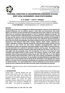 Temporal Variation of Groundwater Resources in Ilesa West Local Government, Osun State Nigeria