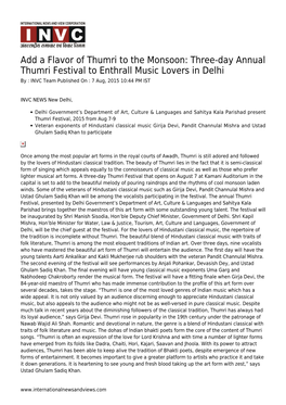 Add a Flavor of Thumri to the Monsoon: Three-Day Annual Thumri Festival to Enthrall Music Lovers in Delhi by : INVC Team Published on : 7 Aug, 2015 10:44 PM IST