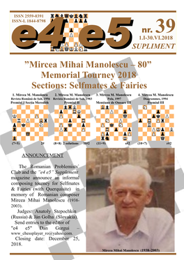 ”Mircea Mihai Manolescu – 80” Memorial Tourney 2018 Sections: Selfmates & Fairies 1