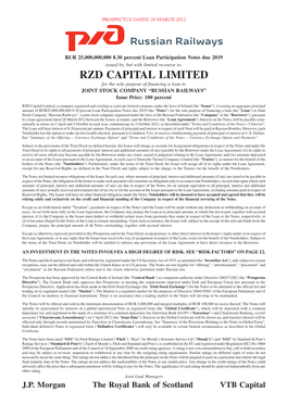 RZD CAPITAL LIMITED for the Sole Purpose of Financing a Loan to JOINT STOCK COMPANY “RUSSIAN RAILWAYS” Issue Price: 100 Percent
