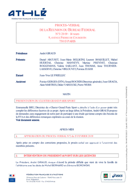 Proces-Verbal De La Reunion Du Bureau Federal N°3/2019 14 Mars 9, Avenue Pierre De Coubertin 75013 Paris