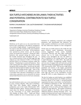 Sea Turtle Hatcheries in Sri Lanka: Their Activities and Potential Contribution to Sea Turtle Conservation Rupika S
