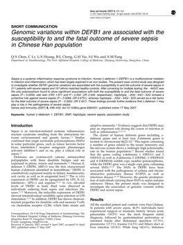 Genomic Variations Within DEFB1 Are Associated with the Susceptibility to and the Fatal Outcome of Severe Sepsis in Chinese Han Population