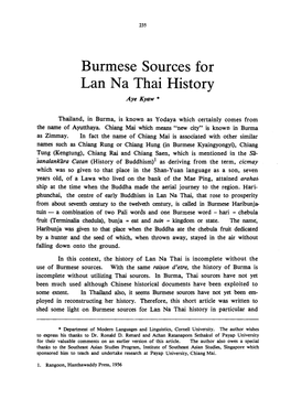 Burmese Sources for Lan N a Thai History Aye Kyaw *