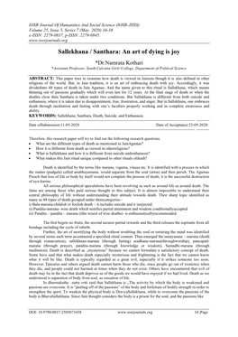 Sallekhana / Santhara: an Art of Dying Is Joy *Dr.Namrata Kothari *Assistant Professor, South Calcutta Girls’College, Department of Political Science