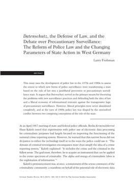 Datenschutz, the Defense of Law, and the Debate Over Precautionary Surveillance: the Reform of Police Law and the Changing Parameters of State Action in West Germany