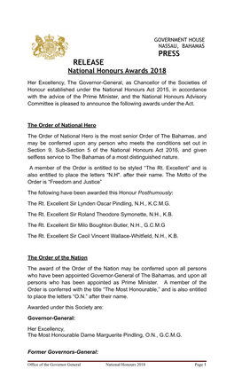 National Honours 2018 Page 1 the Most Honourable Sir Orville Turnquest, O.N., G.C.M.G