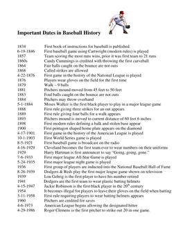 Important Dates in Baseball History (Pdf)