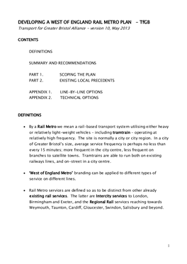 DEVELOPING a WEST of ENGLAND RAIL METRO PLAN - Tfgb Transport for Greater Bristol Alliance - Version 10, May 2013