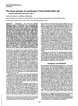 The Heme Groups of Cytochrome O from Escherichia Coli