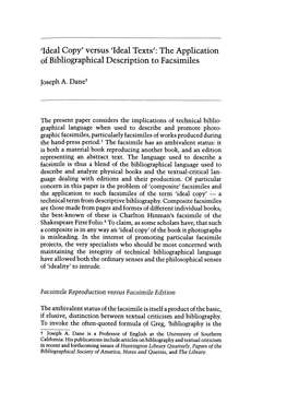 Ideal Copy' Versus 'Ideal Texts': the Application of Bibliographical Description to Facsimiles