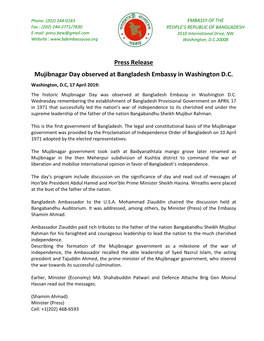 Press Release Mujibnagar Day Observed at Bangladesh Embassy