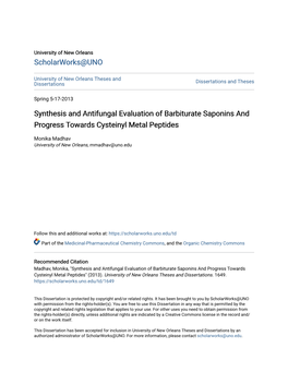 Synthesis and Antifungal Evaluation of Barbiturate Saponins and Progress Towards Cysteinyl Metal Peptides