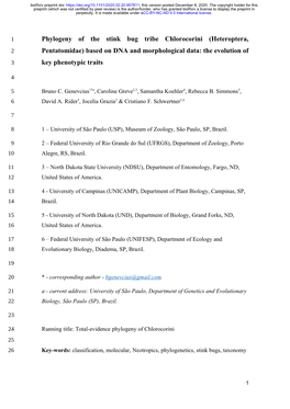 Phylogeny of the Stink Bug Tribe Chlorocorini (Heteroptera, 2 Pentatomidae) Based on DNA and Morphological Data: the Evolution of 3 Key Phenotypic Traits