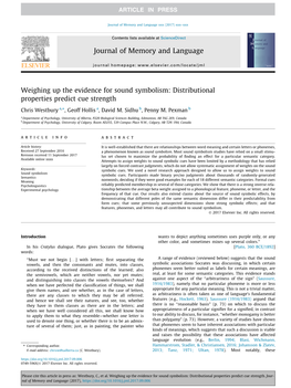 Weighing up the Evidence for Sound Symbolism: Distributional Properties Predict Cue Strength ⇑ Chris Westbury A, , Geoff Hollis A, David M