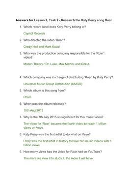 Answers for Lesson 2, Task 2 - Research the Katy Perry Song Roar
