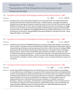 Shropshire F.H.S. Library Transactions of the Shropshire