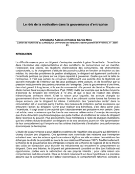 Le Rôle De La Motivation Dans La Gouvernance D'entreprise