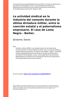 La Actividad Sindical En La Industria Del Cemento Durante La Última Dictadura Militar, Entre La Coerción Estatal Y El Paternalismo Empresario