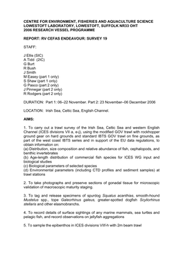 Centre for Environment, Fisheries and Aquaculture Science Lowestoft Laboratory, Lowestoft, Suffolk Nr33 Oht 2006 Research Vessel Programme