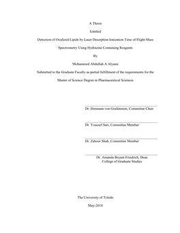 A Thesis Entitled Detection of Oxidized Lipids by Laser