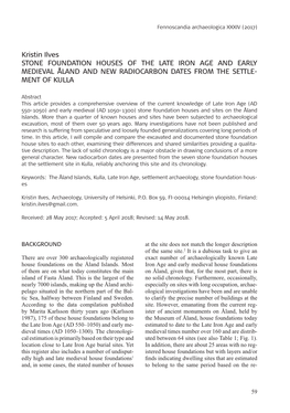 Kristin Ilves STONE FOUNDATION HOUSES of the LATE IRON AGE and EARLY MEDIEVAL ­ÅLAND and NEW RADIOCARBON DATES from the SETTLE- MENT of KULLA