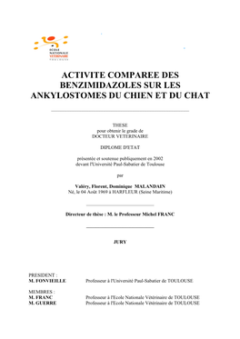 Activite Comparee Des Benzimidazoles Sur Les Ankylostomes Du Chien Et Du Chat