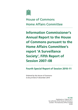 A Surveillance Society’, Fifth Report of Session 2007–08