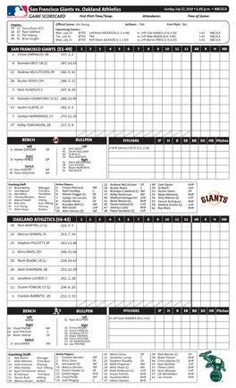 San Francisco Giants Vs. Oakland Athletics Sunday, July 22, 2018 W1:05 P.M