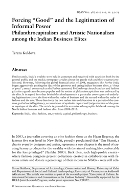 Forcing “Good” and the Legitimation of Informal Power Philanthrocapitalism and Artistic Nation­Alism Among the Indian Business Elites