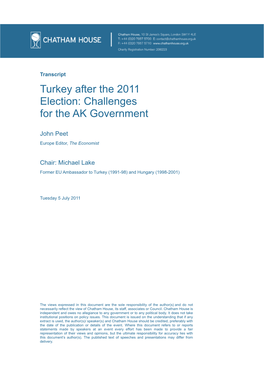 Turkey After the 2011 Election: Challenges for the AK Government