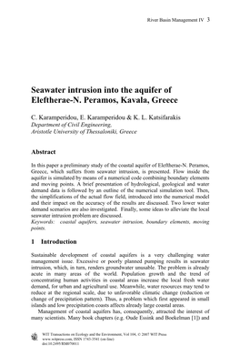 Seawater Intrusion Into the Aquifer of Eleftherae-N. Peramos, Kavala, Greece