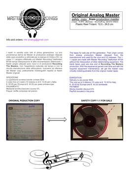 Original Analog Master Safety Copy from Production Master 2 Track - 15 IPS - 38Cm/Sec